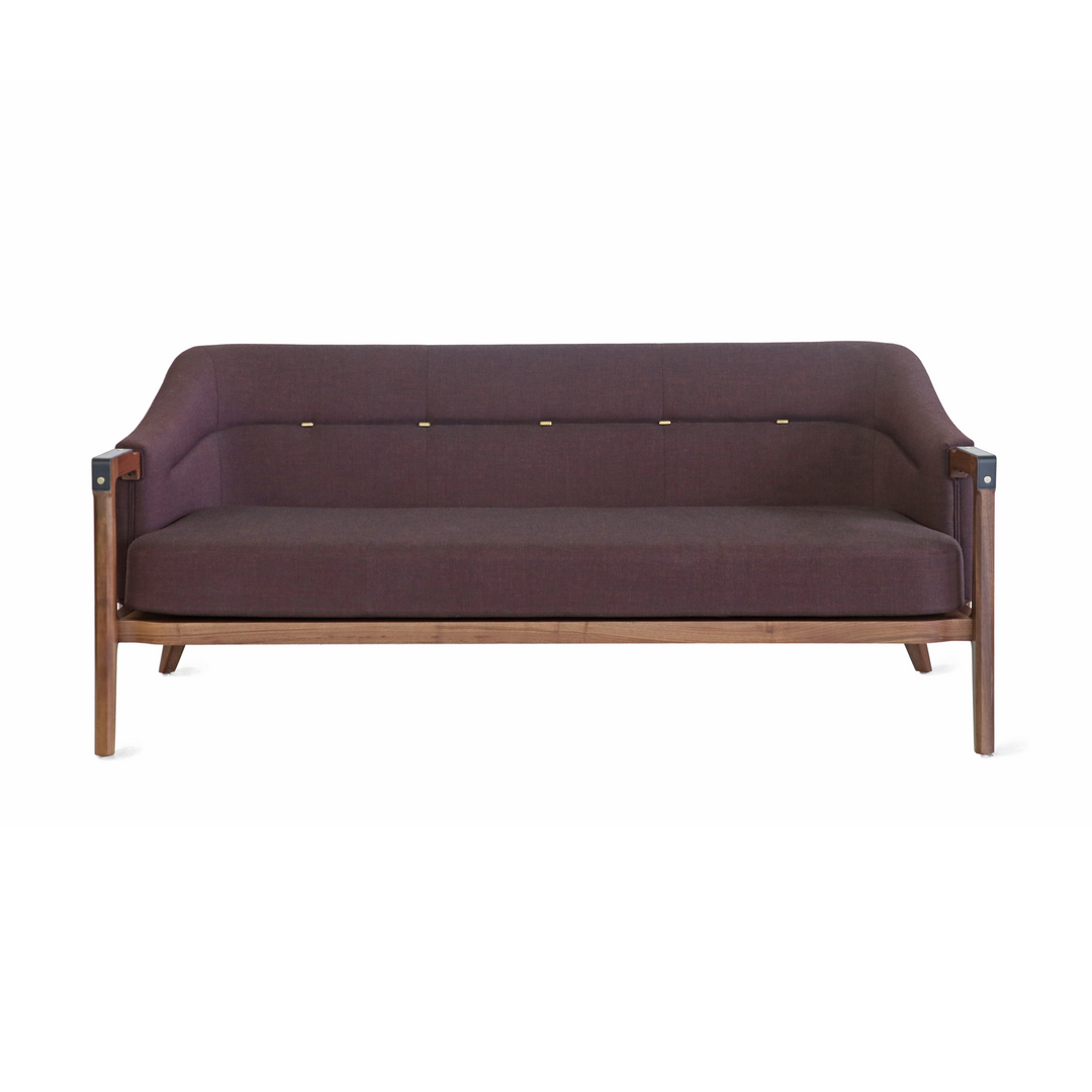 Modern sofa with natural walnut wooden frame, burgundy fabric upholstery, and brass details, perfect for contemporary living rooms, stylish office spaces, and hospitality spaces.
