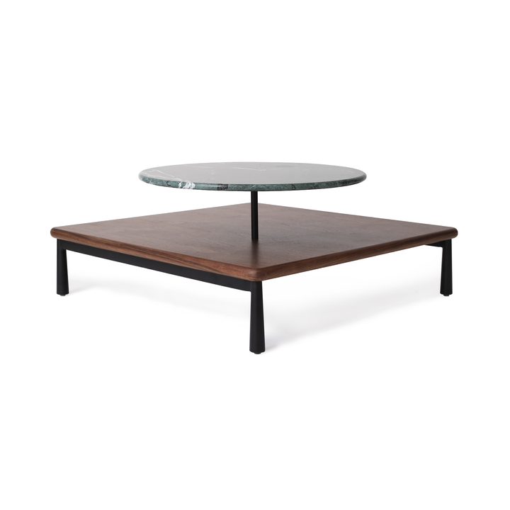 Modern Arc coffee table with a natural walnut wooden base, featuring a striking green marble circular centerpiece, perfect for upscale hospitality settings such as hotel lobbies and luxury lounges.